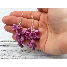 Purple lilac flower earrings, floral drop earrings, polymer clay jewelry, gift for her
