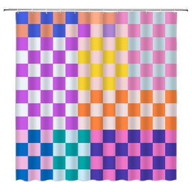 Multicolor Checkered Shower Curtain Checkerboard Retro Vintage Geometric 60s 70s Modern Funky Groovy Abstract Aesthetic Fabric for Bathroom Decor Bathtub with Hooks(70" WX70 H)