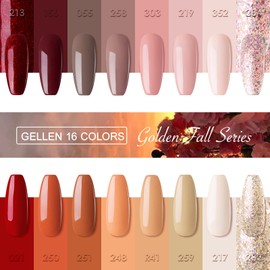 Gellen Fall Gel Nail Polish Kit - 16 Colors Red Brown Gel Polish Set with Top&Base Coats, Trendy Pink Glitter Nude Nail Polish Home Manicre Kit