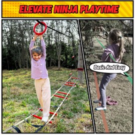 Hapfan Ninja Warrior Obstacle Course for Kids with Rickety Bridge, 50 FT Slackline Kit with Weather-Proof Obstacles, Outdoor Jungle Gym Climbing Toys for Backyard