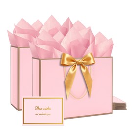 Pink Gift Bags 10Pack, 13" Medium Pink Gift Bags for Women & Girls, Baby Shower, Bridal, Mother'Day, Party, with Tissue Paper, Cards, Ribbon