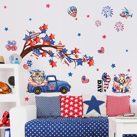 Independence Day Wall Stickers Decor Removable 4th of July Patriotic Wall Decals 3D Self-Adhesive Star Tree Cute Cat Dog American Flag Stickers for Home Room Office Memorial Day Wall Decor 2 Sheets