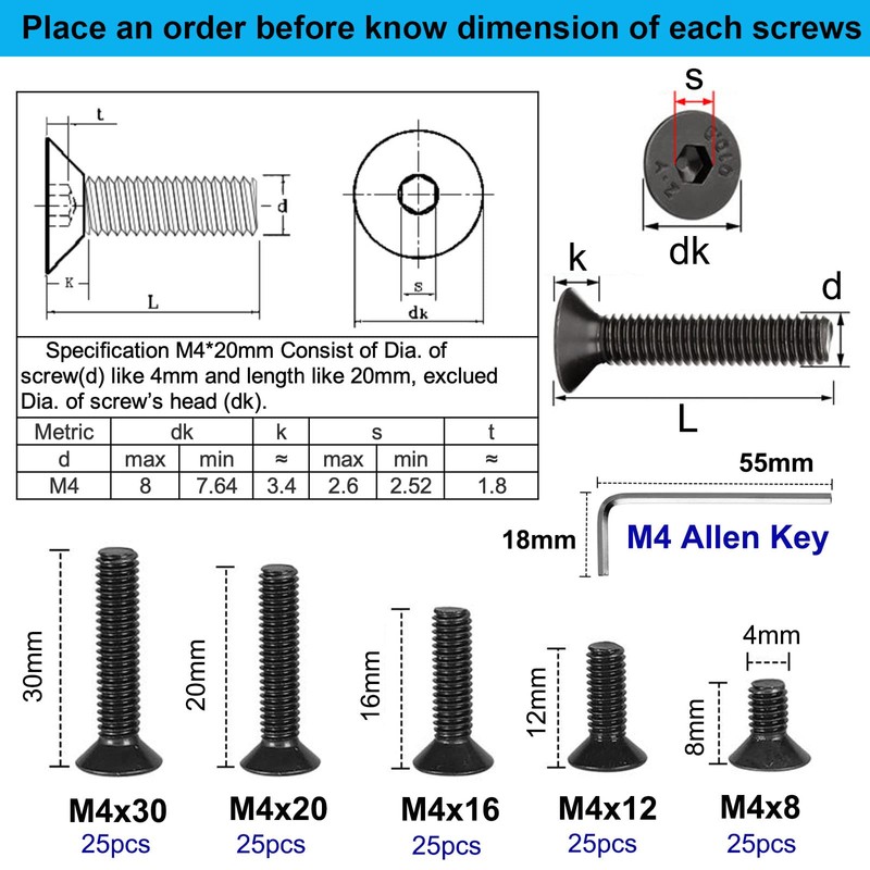 FandWay Countersunk Screw with Hexagon Socket DIN7991, M4 x 8/12/16/20/30