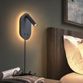Wall Lamp Plug in Hardwired 2 in 1 Wall Sconces, Wall Mounted Reading Light with USB Type C Ports, Adjustable Bedside Headboard Spotlight, Bedside Lamp with 9W+3W Night Light 3000K (Black)