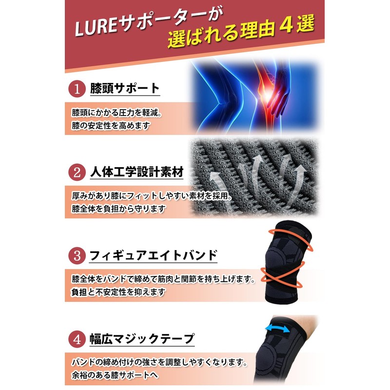 LURE 膝サポーター ひざ専用 【専門家監修】 スポーツ 人気 ケガ対策 ブラック (左右兼用 XXLサイズ