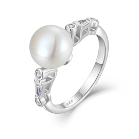 FATACI Pearl Ring,925 Sterling Silver Cubic Zirconia Rings with 9MM Pearl for Women Wedding Engagement promise rings for her Size 5
