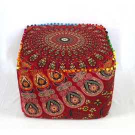 CRAFT KALA Large Hippie Mandala Meditation Floor Ottoman Pillow Cushion Pouf Cover Square Poufs Cover Bohemian Circle Floor Cushion Case Outdoor Fireplace Living Room Decor 16X16X14 inches, Red Mirchi