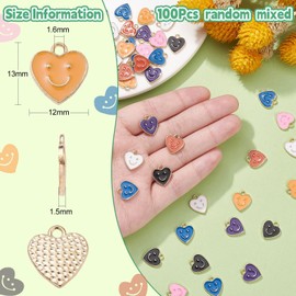KitBeads 100pcs Random Heart Shape Smile Charms - Colorful Happy Face Valentine Love Hearts for Jewelry Making Bracelets Bulk