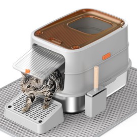 HTii-ë® Stainless Steel Cat Litter Box, Extra Large Box for Cats, Enclosed Metal Kitty Litter Box with Litter Scooper, Odor-Urine-Proof, Non-Sticky, Easy Rinse Cleaning (Translucent-Tawny Grey)