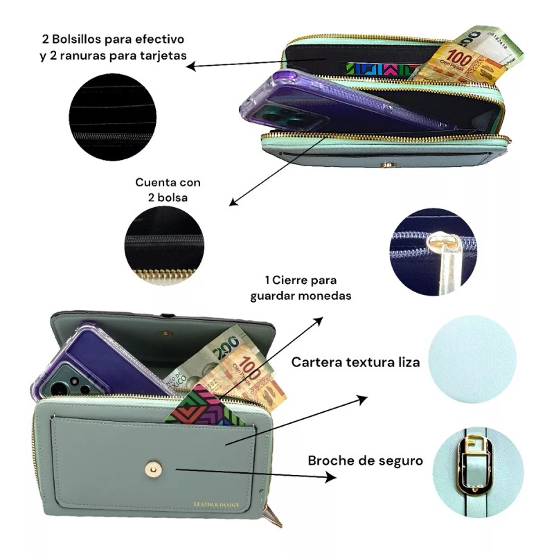 A4F-SOLUTIONS Cartera Dama Porta Celular Bolsa Ajustable 2 Cierres