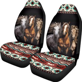 TOADDMOS Three Horses Front Car Seat Covers Set of 2 Aztec Geometry Front Seat Protector for Men Women Full Wrapping Edge Seat Covers Universal Fit for Most Cars