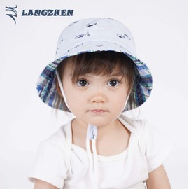 LANGZHEN Sun Protection Hat for Kids Toddler Boys Girls Wide Brim Summer Play Hat Cotton Baby Bucket Hat with Chin Strap - Blue - 2-4 Years