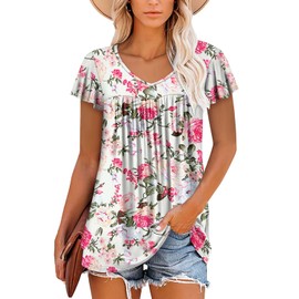 Womens Ruffle Short Sleeve Tunic Tops V Neck Loose Fit Pink Flower Summer Tops M