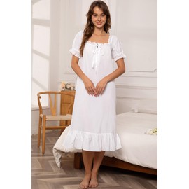 Nanxson Women's Victorian Cotton Nightgown Vintage Princess Style Sleepwear Long Lace Ruffled Loungewear (Medium,Short Sleeve White)