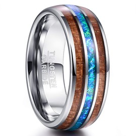 VAKKI 8mm Tungsten Carbide Ring for Men Wedding Band with Blue Opal Paper and Hawaiian Koa Wood Inlay Size R 1/2
