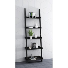 eHemco Modern 5 Tier Leaning Wall Ladder Bookshelf Organizer, Storage Rack, 70 Inches, Black