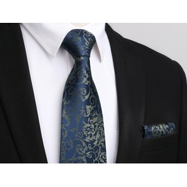 HISDERN Extra Long Floral Paisley Tie Handkerchief Men's Necktie & Pocket Square Set, XL, 63 inches length, Brown & Navy Blue 2