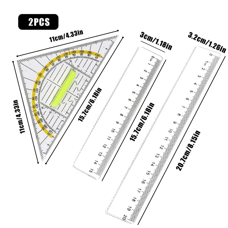 Pack of 2 Plastic Rulers, 2 Triangle Rulers, Ruler Transparent