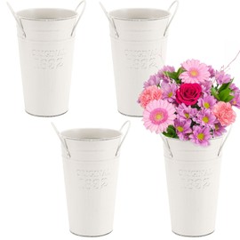 MOUYAT 4 Packs 8 Inch Vintage Metal Galvanized Flower Vase, Tall Galvanized Metal Planter Bucket with Handles, Farmhouse French Bucket for Centerpiece Wedding Decor, Floral Arrangements, White Cream