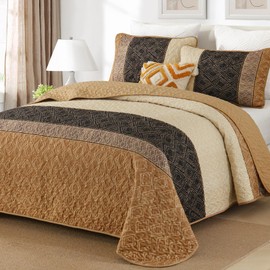 Cottolester Fall Quilt Set King Size 3 Pieces,Brown Striped Bedspread,Boho Plaid Bedding Set Soft Microfiber Quilt with 2 Pillow Shams 110"x90"