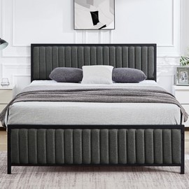 VECELO Full Size Bed Frame with Upholstered Headboard, Heavy Duty Steel Slats Platform, No Box Spring Needed, Dark Grey