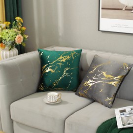 TAOSON Pack of 2,Velvet Marble Pattern Lines Geometric Bronzing Printed Cozy Soft Throw Pillow Cases Cushion Covers Shells for Sofa Couch Bed Home Decoration 18 x 18 Inches, White and Gold