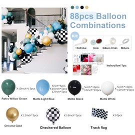 MYDECORBL Race Car Balloons Garland Kit,88Pcs Retro Willow Green Matte Light Blue Black White Chrome Gold Balloons Tracking Flag for Racing Car Birthday Theme Party Decorations Supplies