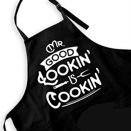 Ihopes Funny Black Apron for Women Men Best Friends,Mr. Good Lookin is Cookin Apron with 2 Pockets and Adjustable Neck Strap,Perfect for Birthday/Christmas/Thanksgiving, Large