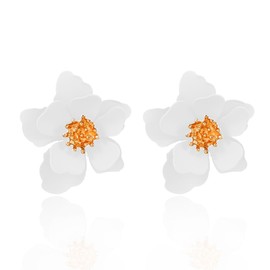 Colorful Camellia Flower Stud Earrings,Cute Multilayer Plant Flower Petal Stud Earrings Stereoscopic Flower Jewelry for Women Birthday Gifts (White)