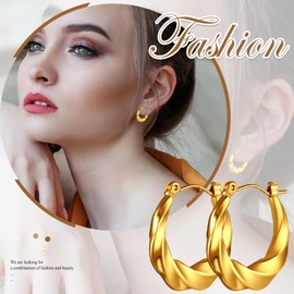 Flongo Women's Gold Chunky Earrings: Thick Geometric Stud Earrings Twisted Twist Small Hoop Huggie Chunky Folding Hoop Earrings Stainless Steel Gold-Plated Statement Earrings Dupes Fashion Jewellery