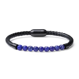 COAI Men's Genuine Leather Bracelet with Natural Stone Beads, Stone, Lapis Lazuli