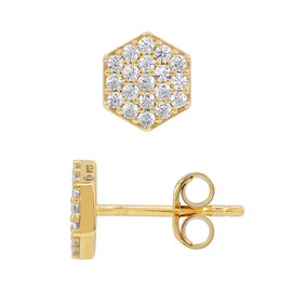 Silvershake Petite White Cubic Zirconia 14K Yellow Gold Plated 925 Sterling Silver Minimalist Hexagon Design Geometric Trendy Chic Stud Earrings April Gemstone Birthstone Jewelry for Women, Sterling