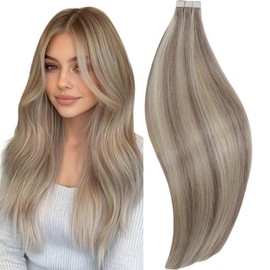 RUNATURE Tape ins Human Hair Extensions Grey Blonde with Platinum Blonde 14 Inch Silky Straight Tape in Hair Extensions Human Hair #19P60 Short Hair Extensions Tape in Real Human Hair 50g 20 Picecs