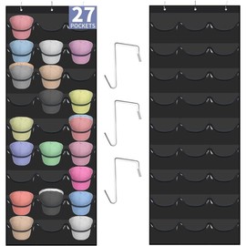 Hat Rack for Baseball Caps, 27 Pockets Over The Door Baseball Hat Organizer, Fitted Hat Storage for Closet Wall Mount Bag With Large Pockets & 3 Hooks, Hat Holder Hanger Organization to Display Caps - Color: Black