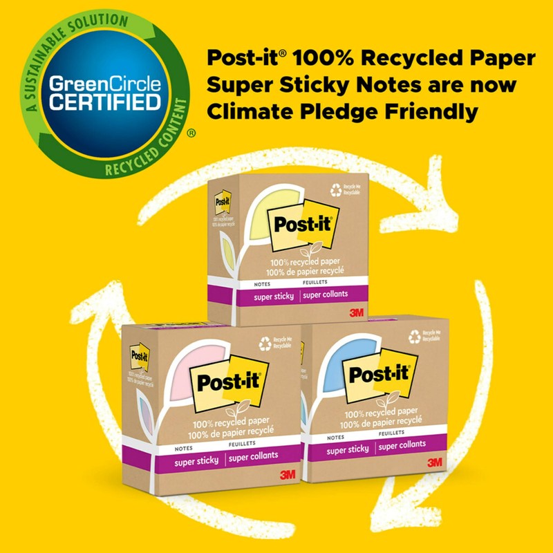 Post-it 100% Recycled Paper Super Sticky Notes, Canary Yellow, 3