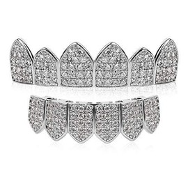 TSANLY Diamond Grillz Set 24K Plated Gold Macro Pave CZ Iced Out Mouth Teeth Grills with Extra Molding Bars + Storage Case + Microfiber Cloth