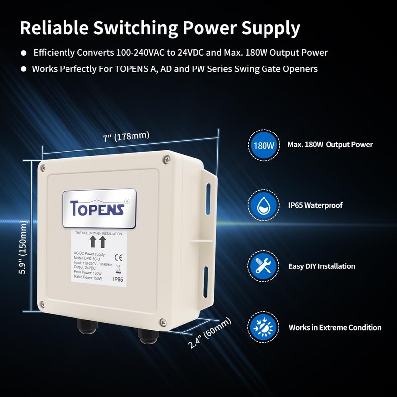 TOPENS DPS180-U AC-DC Power Supply Adapter 100-240VAC to 24VDC 150W