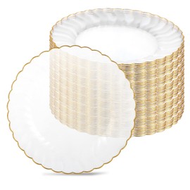 MAQUITA 50 Pcs Plastic Plates with Trim 6'' Small Round Disposable Vintage Dessert Plates for Party Birthday Buffet Wedding Catering Celebration Reception