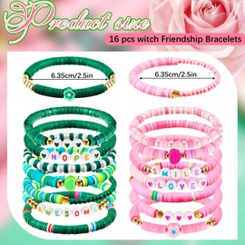 Liliaafar 16 Pcs Green and Pink Friendship Bracelets Witch Party Favors Clay Beads Matching Bracelets Merch Gift Stuff for Princess Witch Birthday Party BFF Couples Gift Movie Fan Decor(Flower Style)