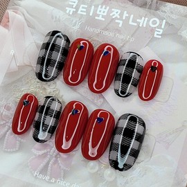 Red Check Handmade Nail Tips - Square L / 레드 체크 수제네일팁 - 스퀘어L
