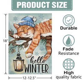 Dyrenson Hello Winter Orange Cat Decorative Garden Flag, Pine Branch Lantern Yard Outside Home Decorations Pet Lover Gift, Christmas Seasonal Burlap Outdoor Small Decor Double Sided 12 x 18
