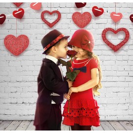 RUINI Valentine's Day Backdrop Bokeh Red Heart Rustic White Brick Wall with Gray Wooden Floor Love Theme Photo Backdrop 5x7FT
