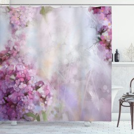 Ambesonne Flor Cortina de Baño, Acuarela Estilo de la Hoja de la Floración, Paño Conjunto de Decoración de Baño de Tela y Ganchos, 84" Extra Alta, Lila Blanca