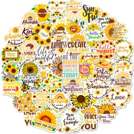 50Pcs Sunflower Water Bottle Stickers, Vinyl Scrapbook Cute Positive Letter Sticker, Waterproof Mental Health, Happy Planner for Gift for Boys & Girls, Teens, Adults Birthday Party Favors & Décor