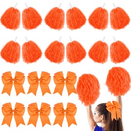 18 Pcs Cheerleading Pom Poms Large Cheer Hair Bows Cheerleader Pompoms with Plastic Handles Cheer Accessory for Girls Party Dance Team Spirit Sports (Orange)