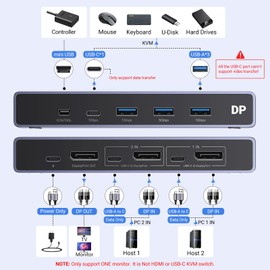 UGREEN 8K Displayport KVM Switch 2 in 1 Out DP1.4 with 4 USB 3.0 Ports(3 USB-A + 1 USB-C) Support 8K@60Hz 4K@240Hz Share 1 Monitor Keyboard Mouse U-Disk Printer, with 2 DP Cables, 2 USB A to C Cables