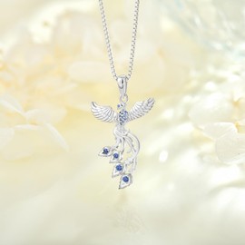 Matty's Charms 925 Sterling Silver Rising Phoenix Pendant Necklace with CZ Stones, 17.7 + 1.1 Inch Box Chain (Silver)