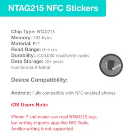 TACHUNE 30PCS Anti-Metal NTAG215 Stickers – 25mm Programmable NFC Tags with 504 Bytes Memory, Waterproof, Anti-Interference, Compatible with NFC-Enabled Phones & Devices (30PCS Anti-Metal)