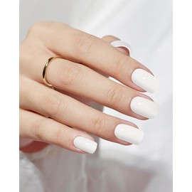 24 Pcs Short Square Press On Nails with Jelly Glue,Reusable Soft Gel Fake Nails Kit for Women and Girls with Feature Protective UV Coating DIY,Pearly White Nails Press Ons