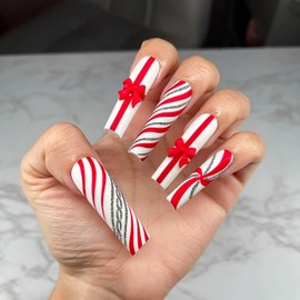 Vokupoga Long Square Press on Nails Christmas Fake Nails Silver Glitter False Nails with Red Bow Designs Long Christmas Nail Press ons Christmas Artificial Nails Cute Stick on Nails for Women 24Pcs